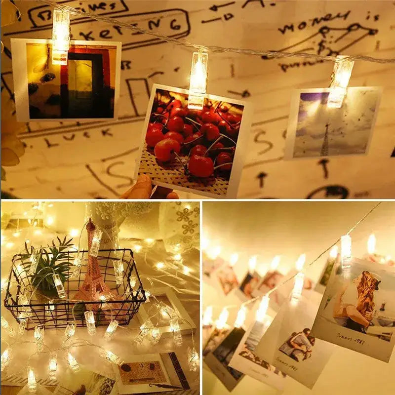 Warm white decorbites led string lights with clear plastic clips for hanging photos or decorations, 10m length