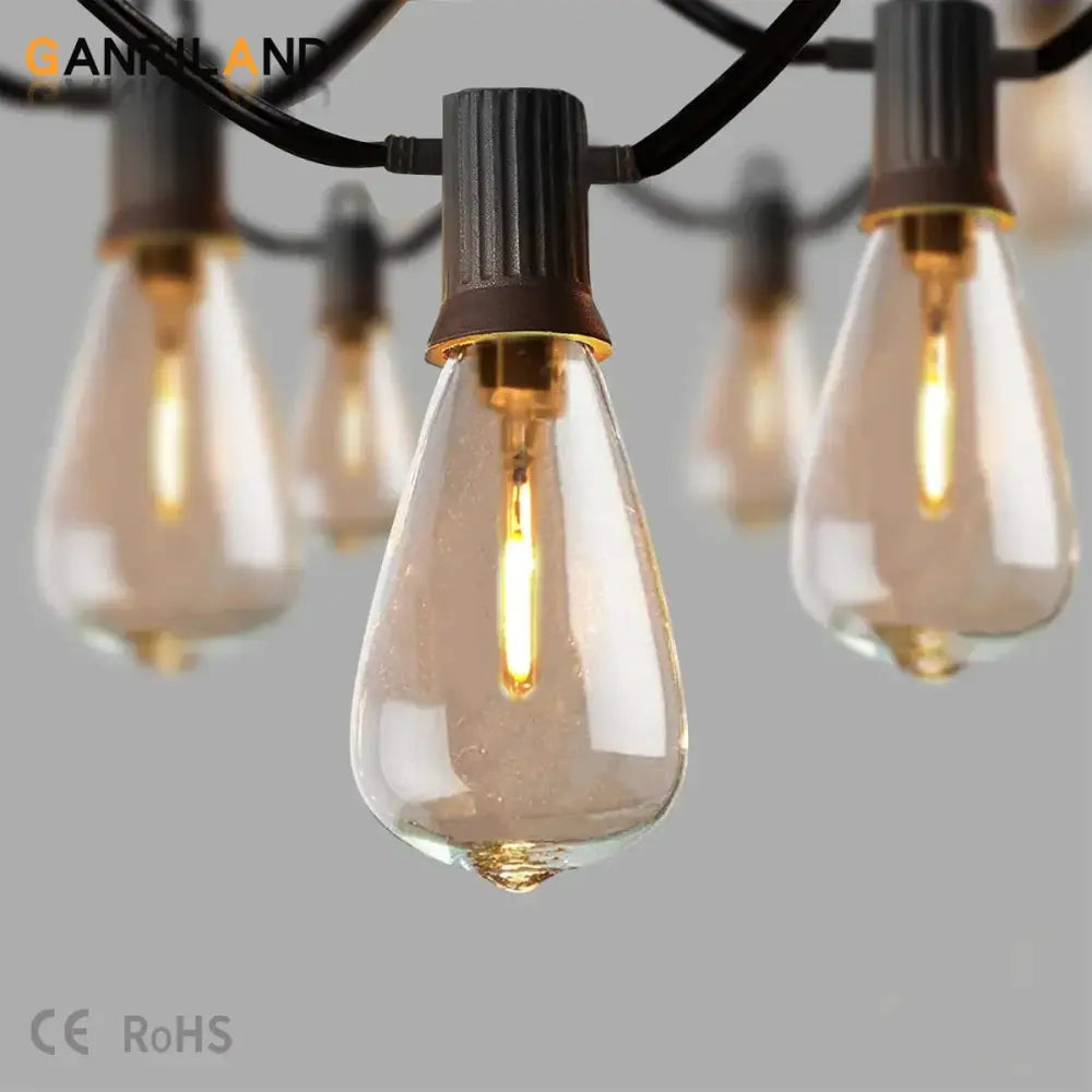 Clear glass teardrop-shaped led bulb with dark bronze base and gold accents for decorbites led string outdoor lights