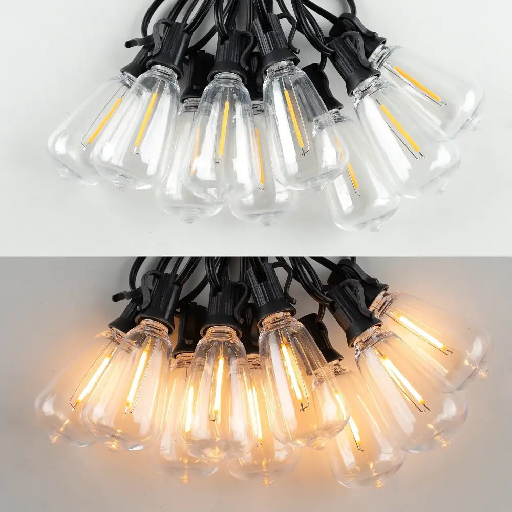 Clear glass Edison-style decorbites led string lights with black bases and warm glowing filaments for outdoor use