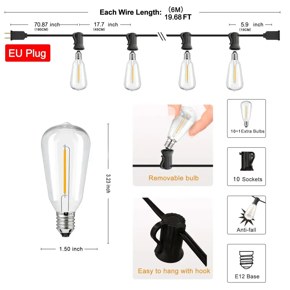 Clear glass edison-style bulb with visible filament and metallic base for decorbites led string outdoor fairy string lights