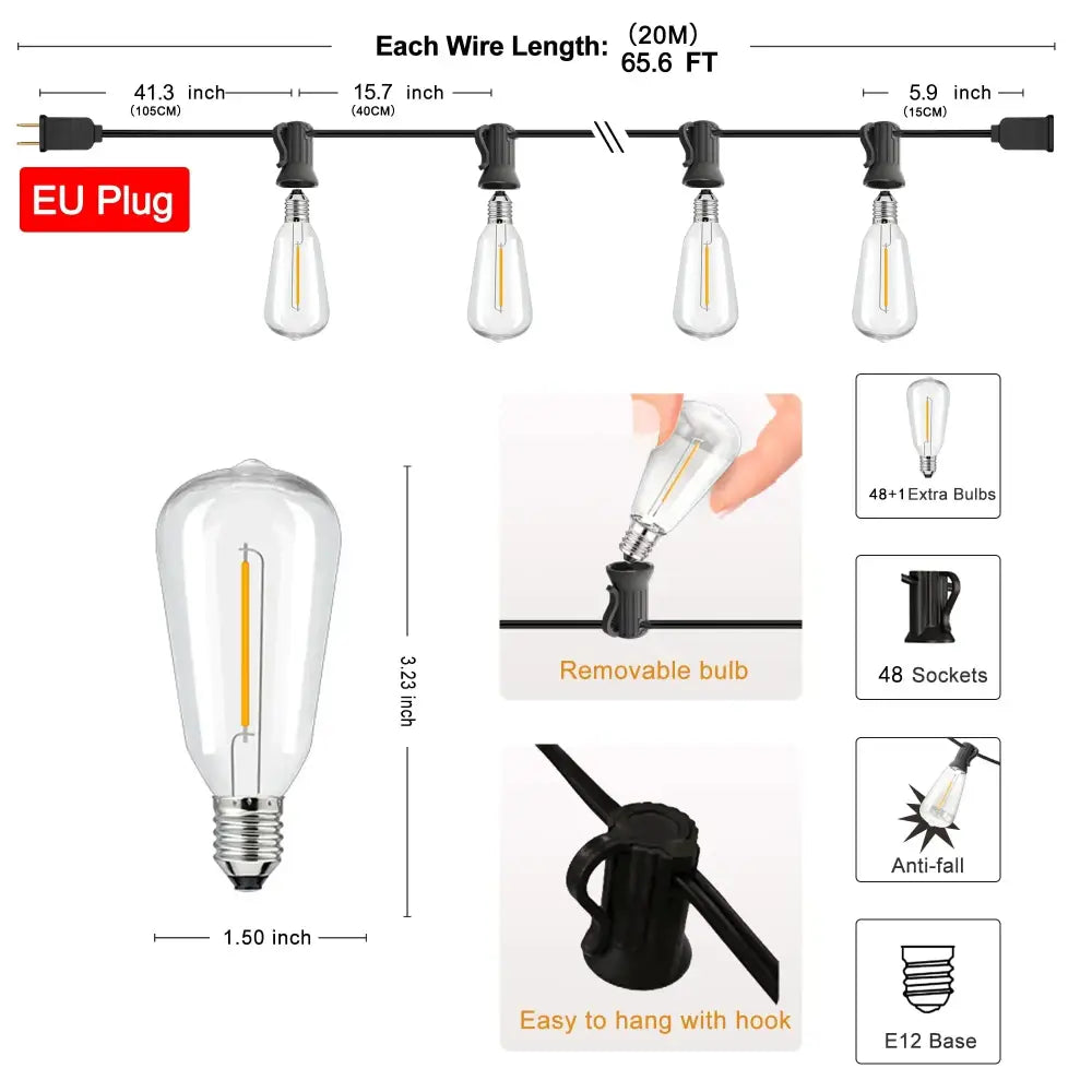Clear glass edison-style bulb with visible filament and metallic base in decorbites led string outdoor waterproof string lights