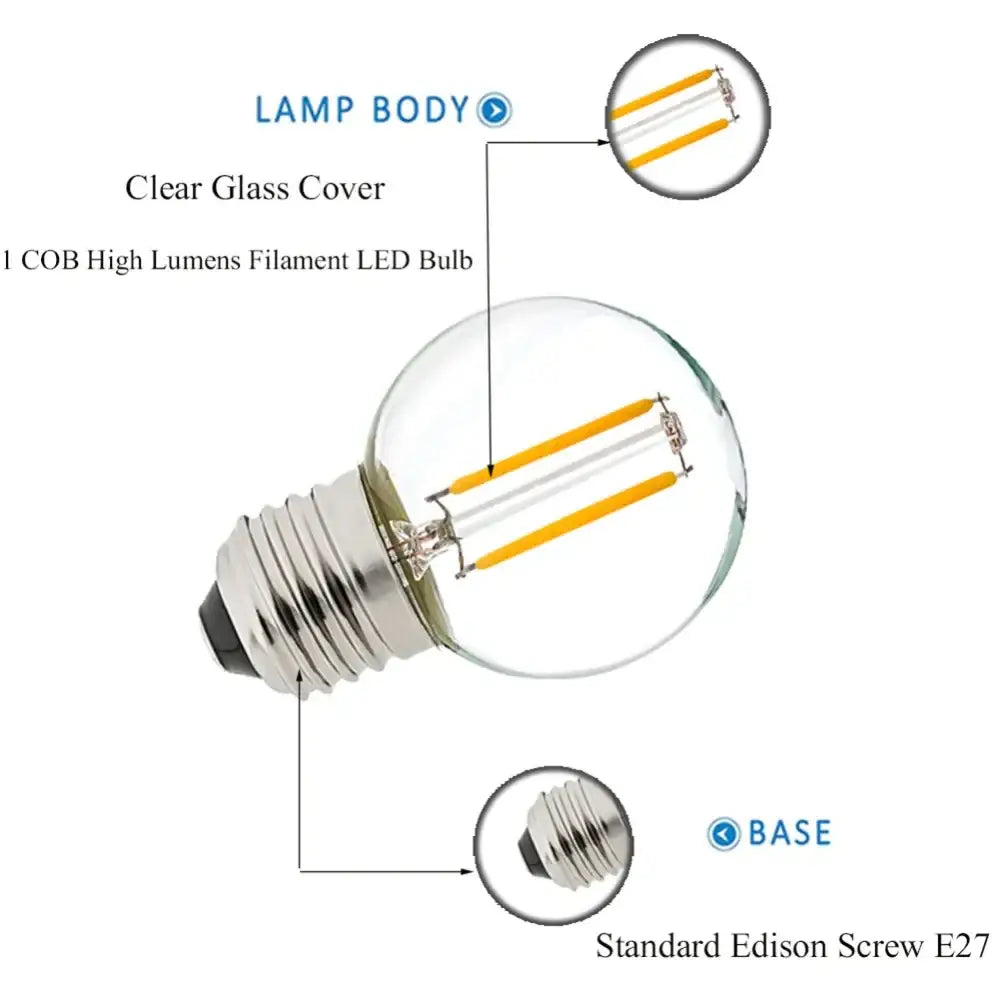 Clear glass globe decorbites led string lights with cob high lumens filament bulb and e27 screw base warm white