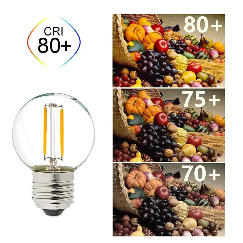 Clear glass globe led string bulb with three yellow filaments and silver base for decorbites led string lights