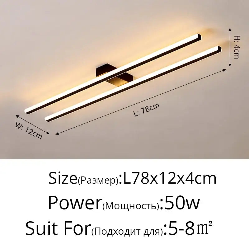 Modern double-bar led strip chandelier by decorbites with sleek black metal frame and warm white illumination for corridors