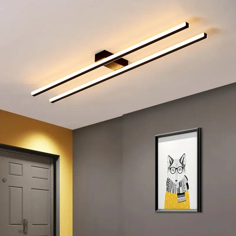 Modern double-bar led strip chandelier with sleek black frames and warm white illumination by DecorBites LED strip