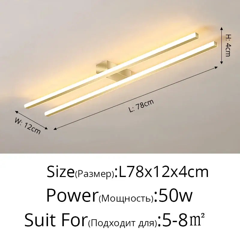 Modern gold-finished decorbites led strip chandelier with two parallel slim bars emitting warm white light for corridor lighting