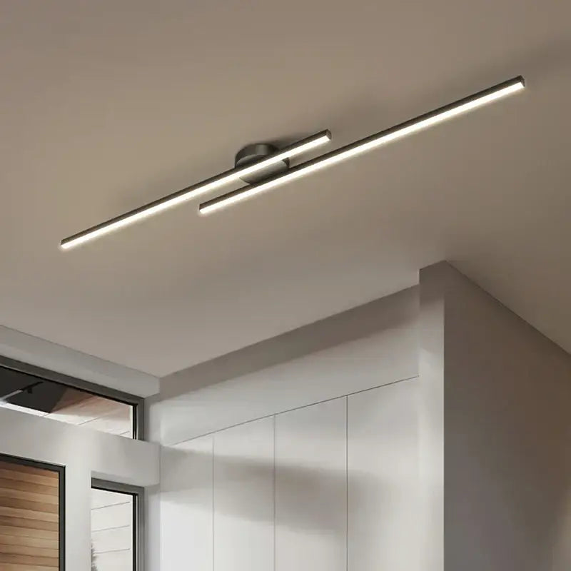 Modern minimalist DecorBites LED strip chandelier with two brushed metallic LED strips for aisle corridor lighting