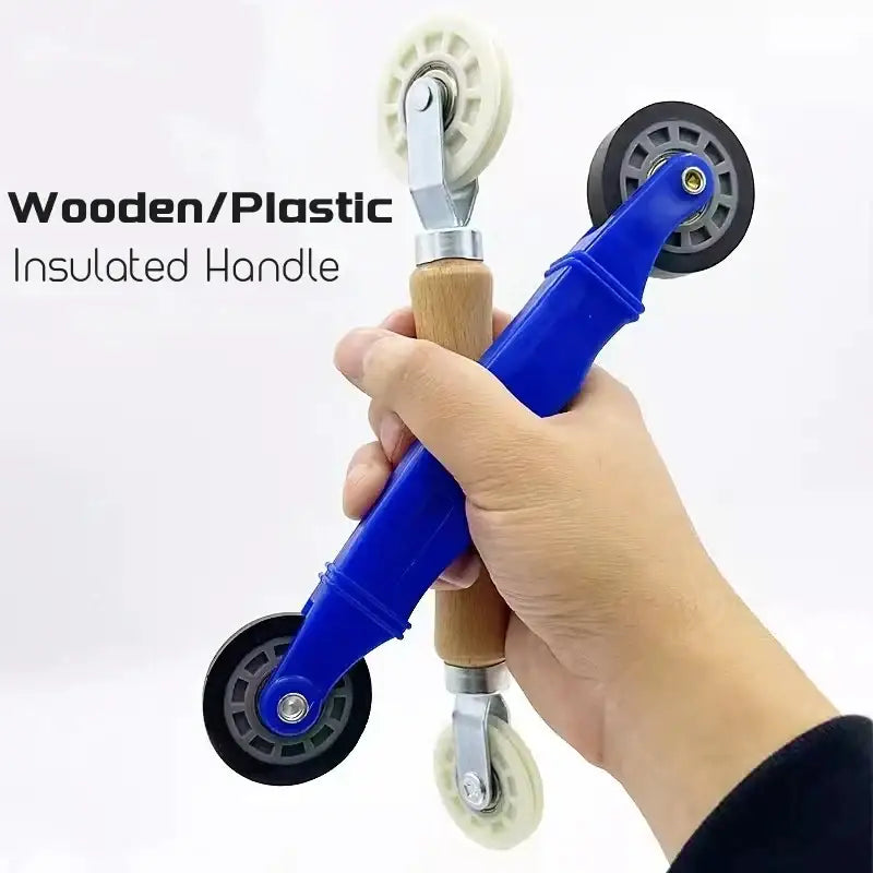 DecorBites™ led strip light installation tool with blue wooden insulated handle and black white rubber wheels for strip light installation