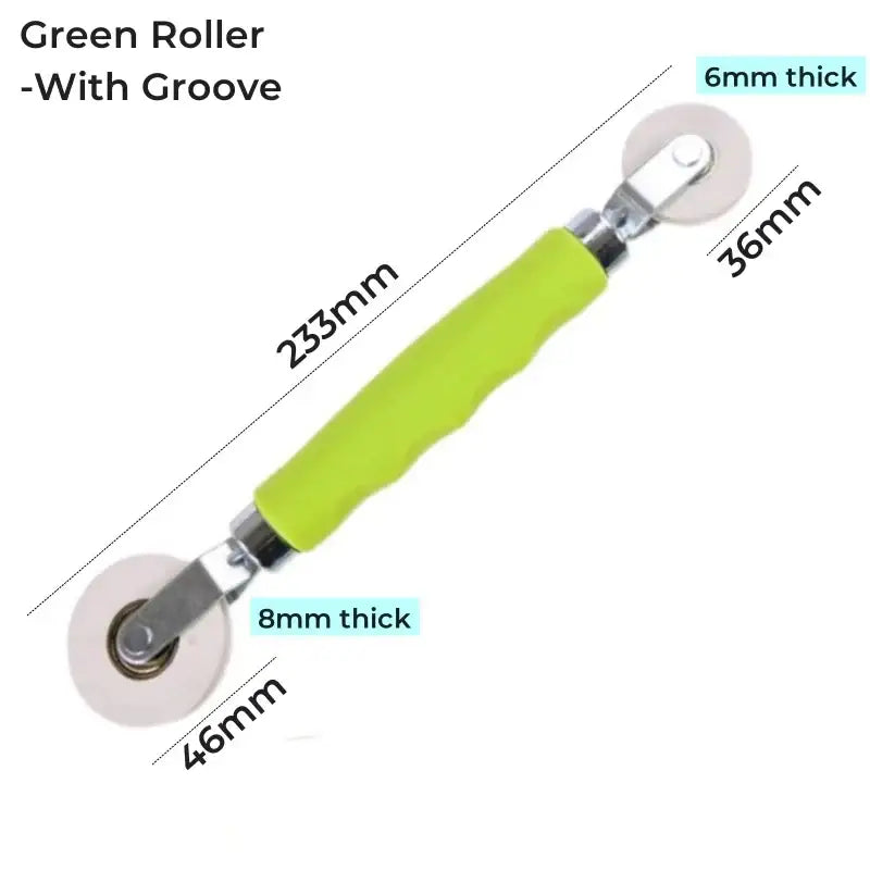 Decorbites™ led strip light installation tool with bright green rubber wheel handle roller and chrome aluminum profile fittings