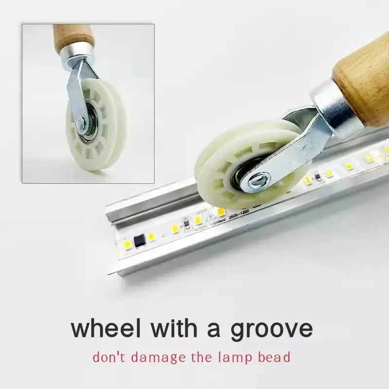 DecorBites wooden-handled roller with white plastic wheel for gentle led strip light installation without bead damage