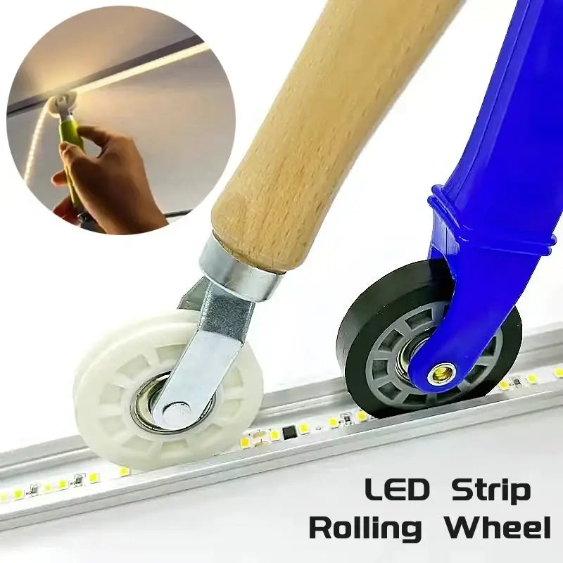 Decorbites™ led strip light installation tool with blue and white rolling wheel and wooden handle for easy strip light installation