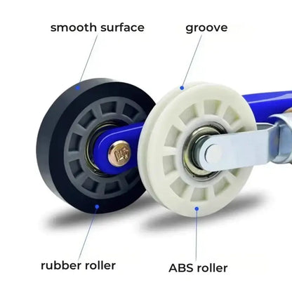 Decorbites™ led strip light installation tool with black rubber and white abs rollers on blue shafts for strip light installation