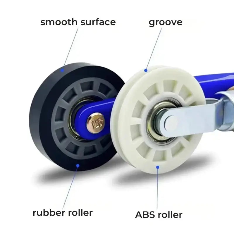Decorbites™ led strip light installation tool with black rubber and white abs rollers on blue shafts for strip light installation