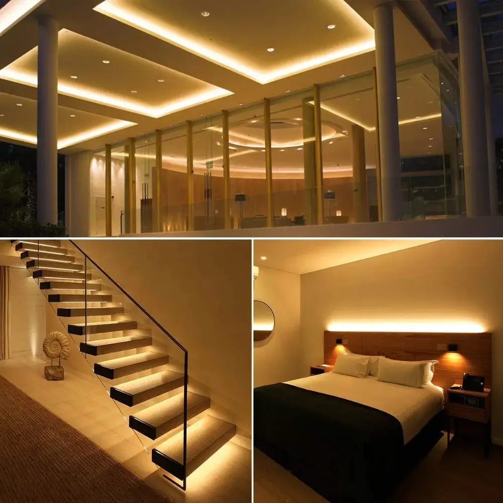 Modern minimalist staircase illuminated by warm white decorbites led strip light with floating steps and black railings