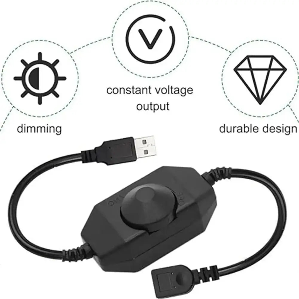 Black plastic usb dimmer switch with central rotary knob for adjusting led strip lights intensity in living room use