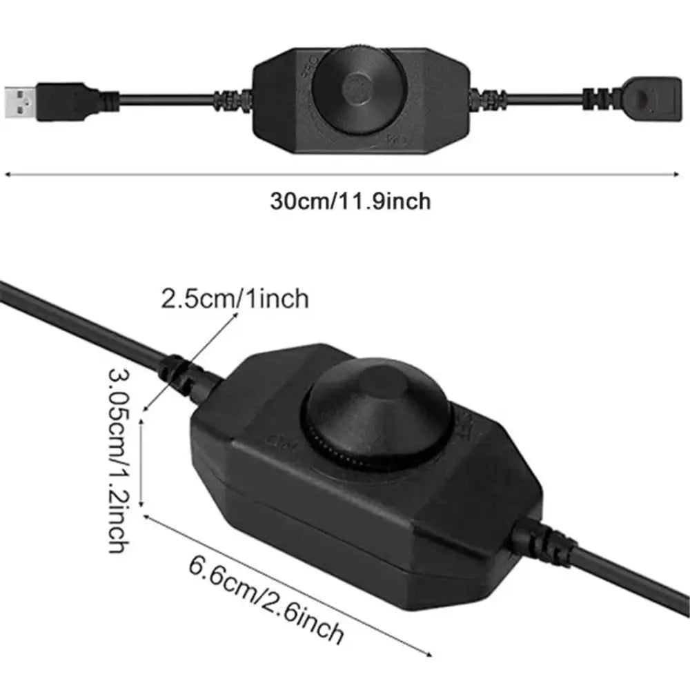 Black plastic usb dimmer switch with central rotary knob for brightness adjustment on led strip lights adapter