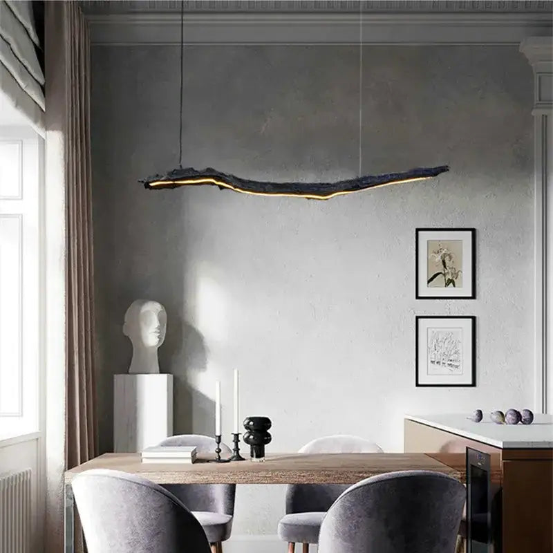 Organic black led strip lights dining room hanging pendant with dark gray wood texture and glowing decorbites led strip