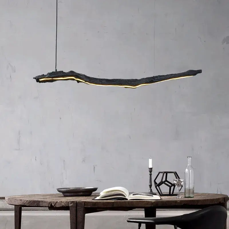 Organic black led strip lights dining room hanging pendant with a glowing yellow decorbites led strip underside