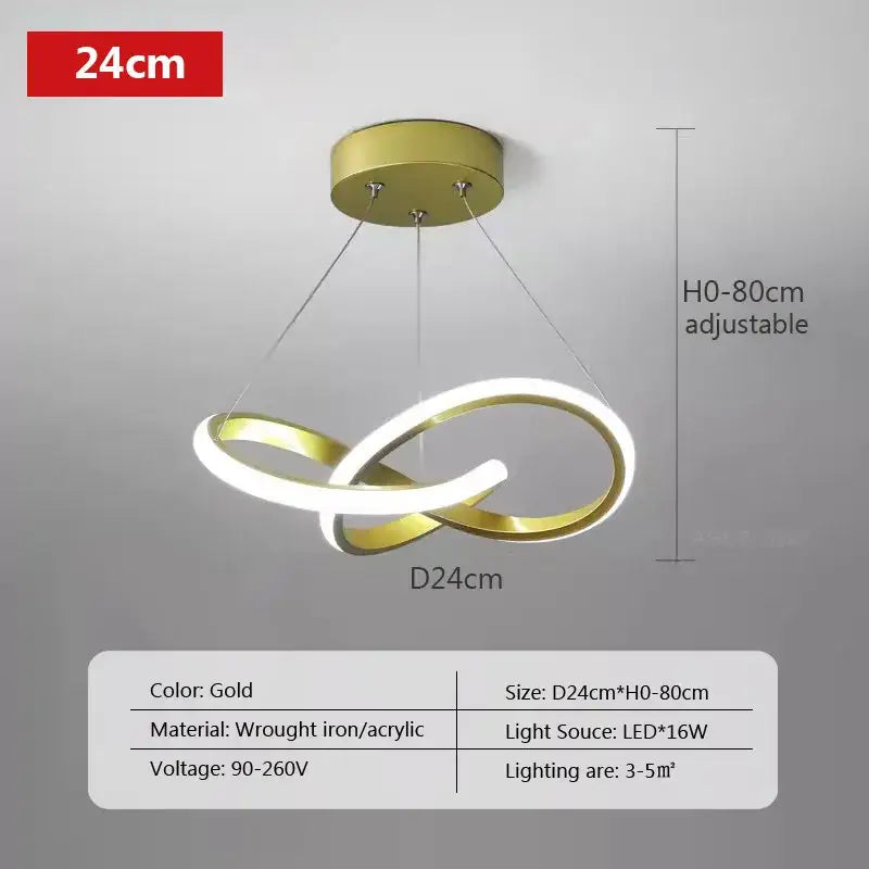 Gold-colored modern pendant light with interlocking circular rings of wrought iron and acrylic by Decorbites led strip