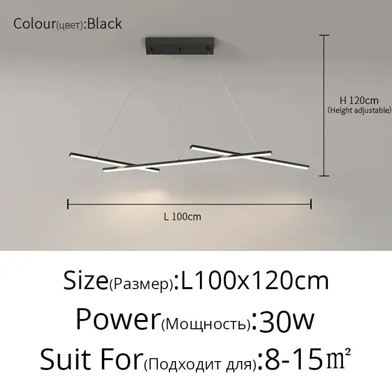 Modern black led strip pendant chandelier with intersecting linear arms for dining room decorbites led strip lighting