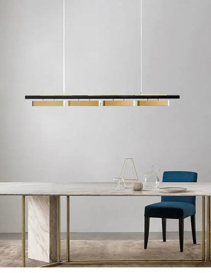 Decorbites™ modern minimalist strip pendant lights with black and gold metallic finish and four horizontal panels