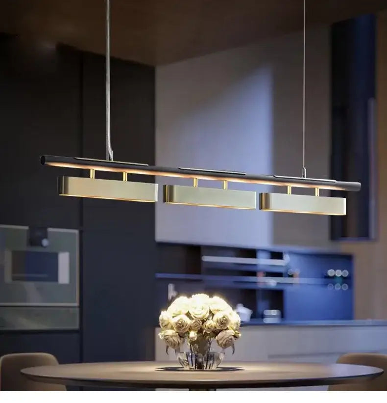 DecorBites™ modern minimalist strip pendant lights with black and gold finish and three rectangular led panels for dining