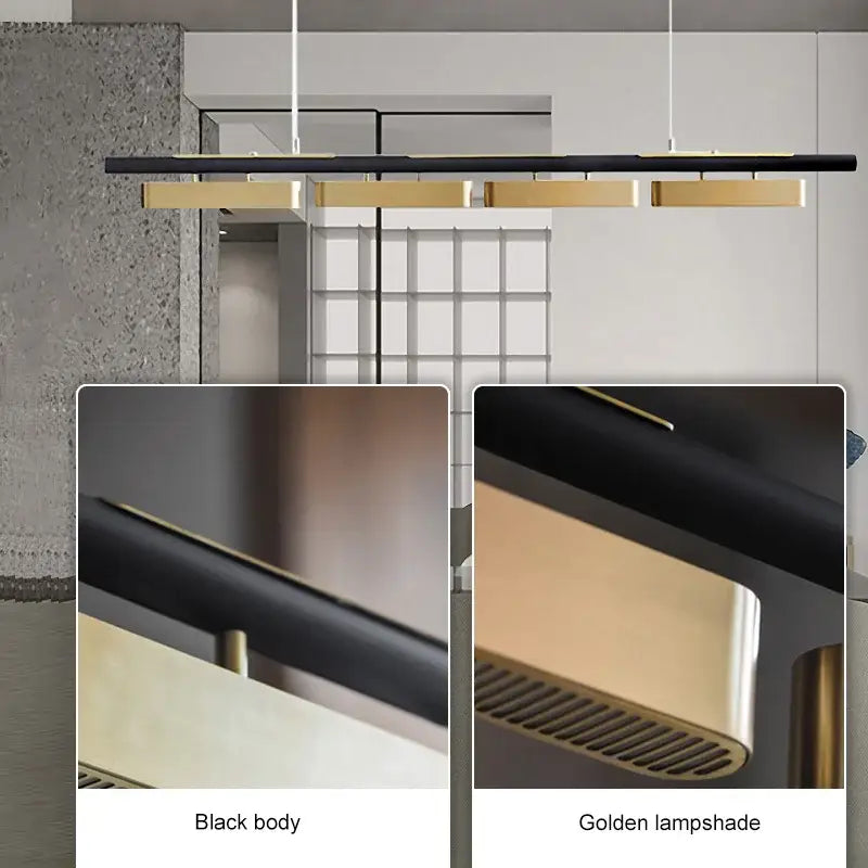 Modern black and gold DecorBites™ pendant lights with sleek rectangular lampshades for modern minimalist strip led lighting