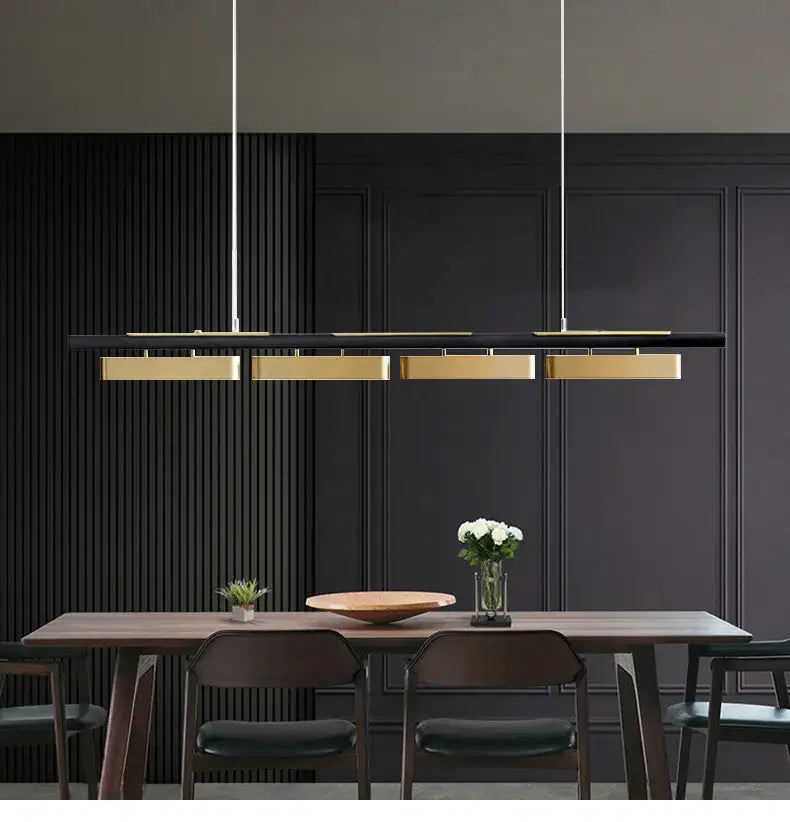 DecorBites™ modern minimalist strip pendant lights with black and gold metallic finish for home dining use