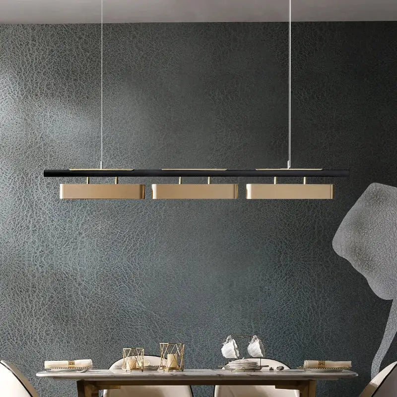 Decorbites™ modern minimalist strip led pendant lights in black and gold with sleek metallic rods for dining rooms