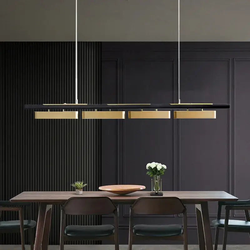 Modern black and gold rectangular pendant lights with sleek metallic finish minimalist strip led for dining areas