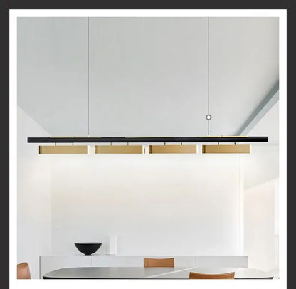 Modern minimalist strip led pendant lights by DecorBites™ featuring black and gold rectangular illuminated panels