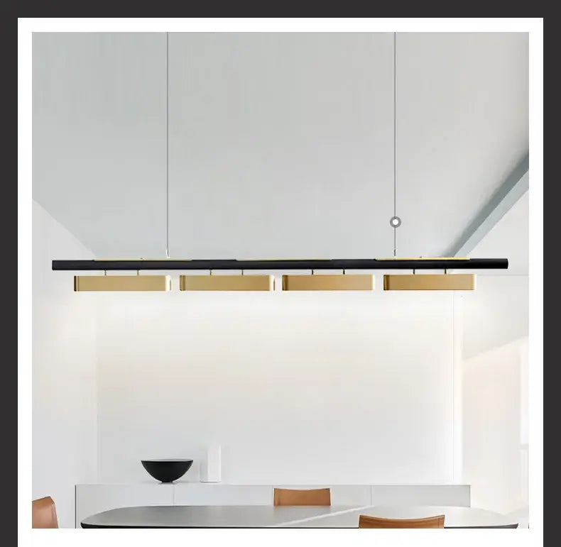Modern minimalist strip led pendant lights by DecorBites™ featuring black and gold rectangular illuminated panels