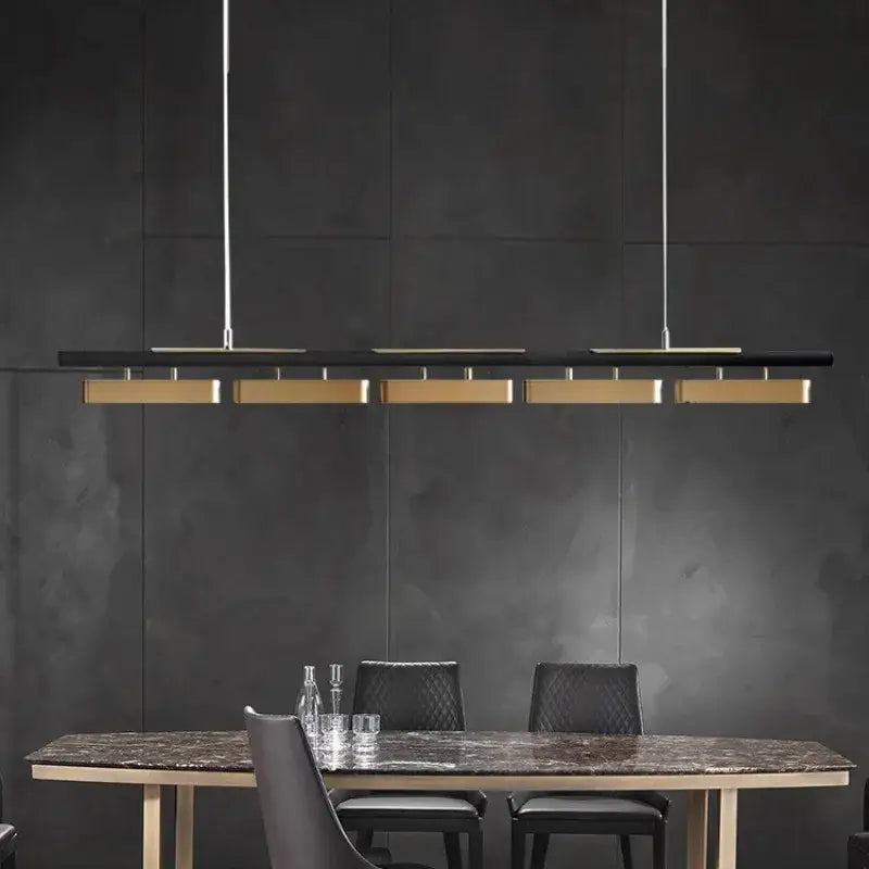 Modern black and gold linear pendant lights with sleek metallic rods minimalist strip led for dining rooms