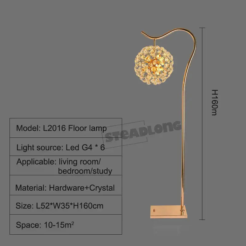 Gold-toned decorbites led sunflower crystal floor lamp with curved stand and ornate spherical shade for living room use