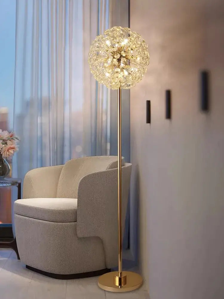 Golden floor lamp with spherical led sunflower crystal chandelier head by decorbites for living room decor