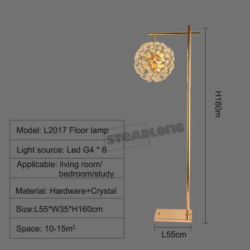 Gold-finished decorbites led sunflower crystal floor lamp with spherical chandelier head for living room lighting