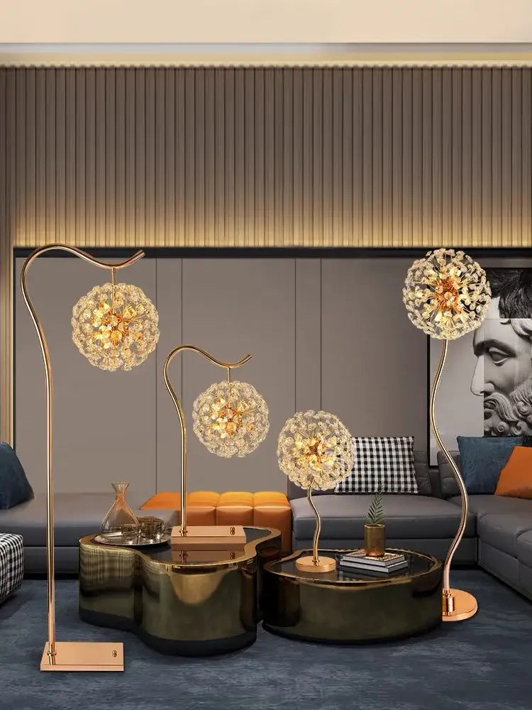 Gold-toned decorbites led sunflower crystal floor lamp with spherical dandelion seed head shades for living room decor