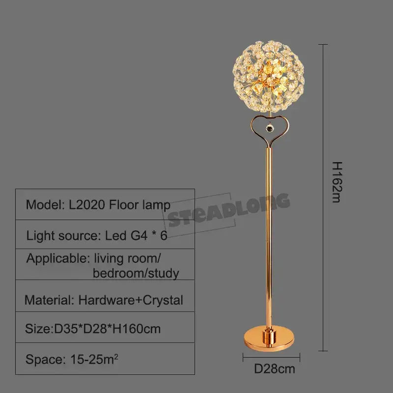 Gold-finished decorbites led sunflower floor lamp with heart-shaped base and crystal draped spherical top for living room