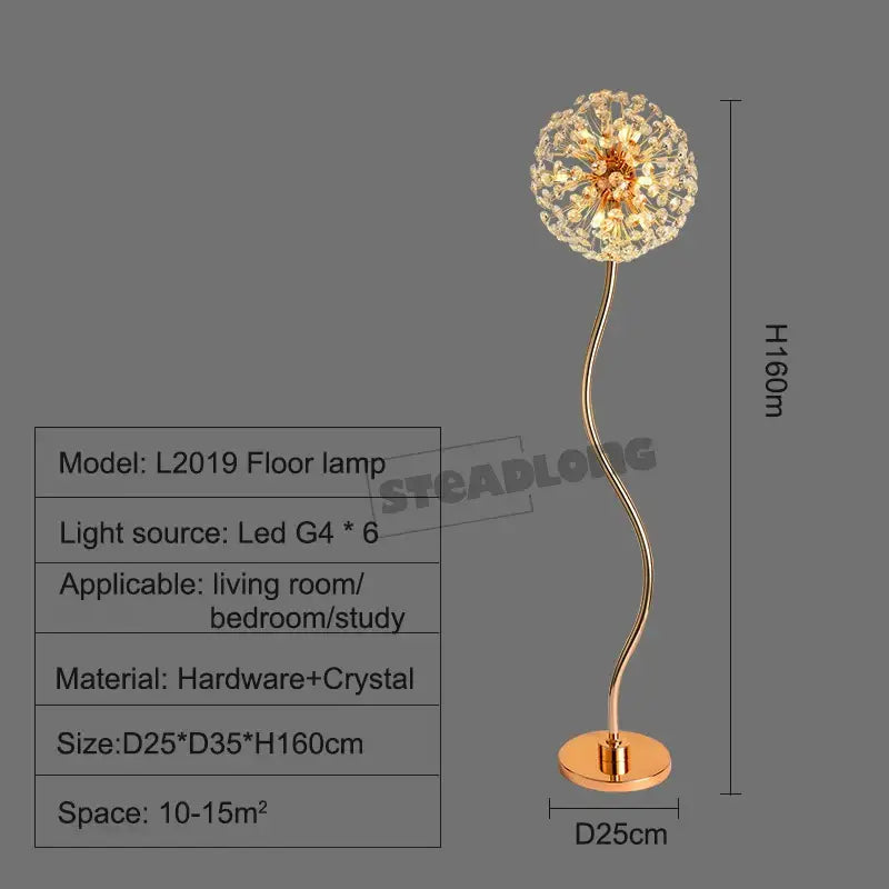 Golden dandelion-shaped decorbites led sunflower crystal gold floor lamp with curved metallic stem for living room