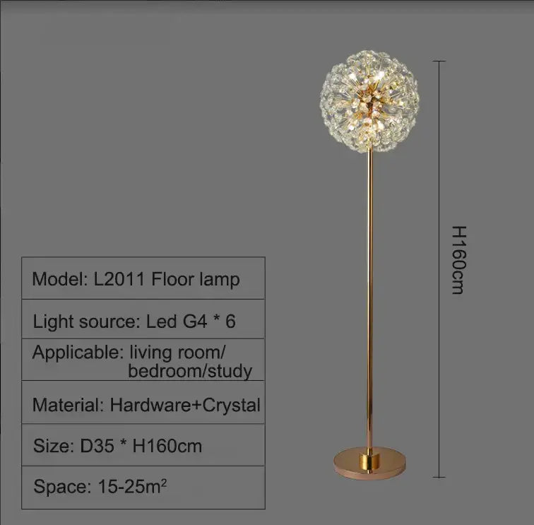 Gold-toned decorbites led sunflower crystal floor lamp with spherical dandelion head and slender stem for living room use