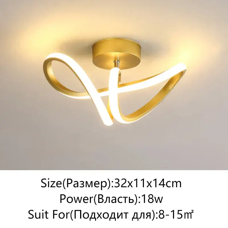 Gold-colored decorbites led surface mounted ceiling lights with sleek curved arms emitting warm white illumination