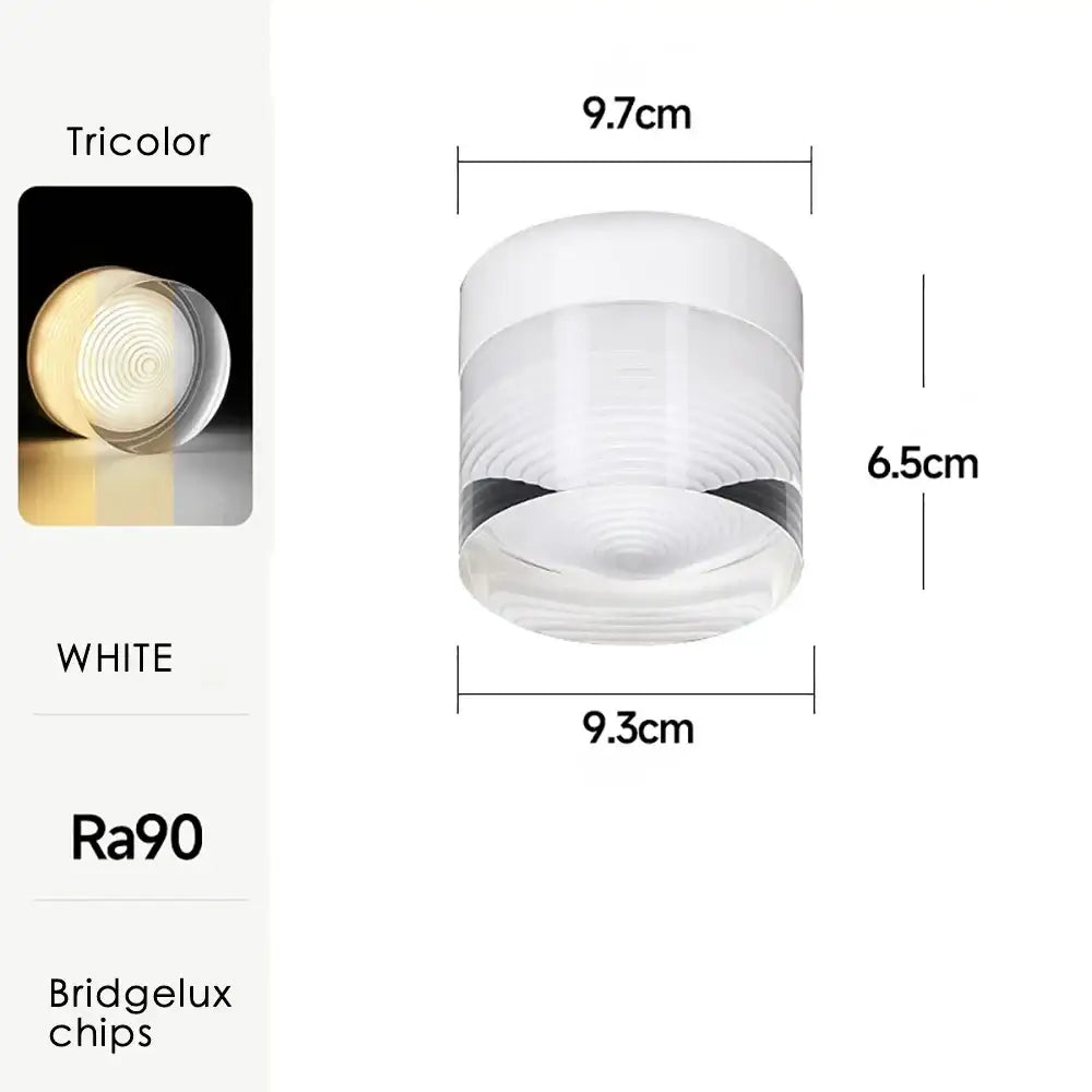 White cylindrical DecorBites LED surface mounted spot light with frosted glass and tricolor illumination for ceiling use