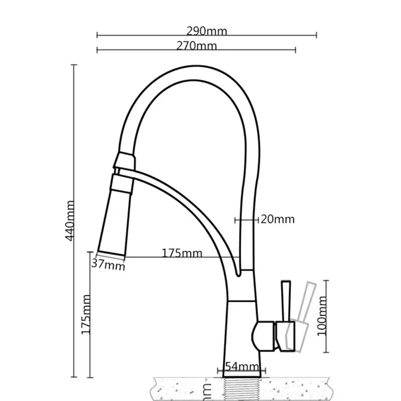 Modern curved DecorBites™ LED swivel pull down kitchen faucet with sleek design and precise dimensional markings