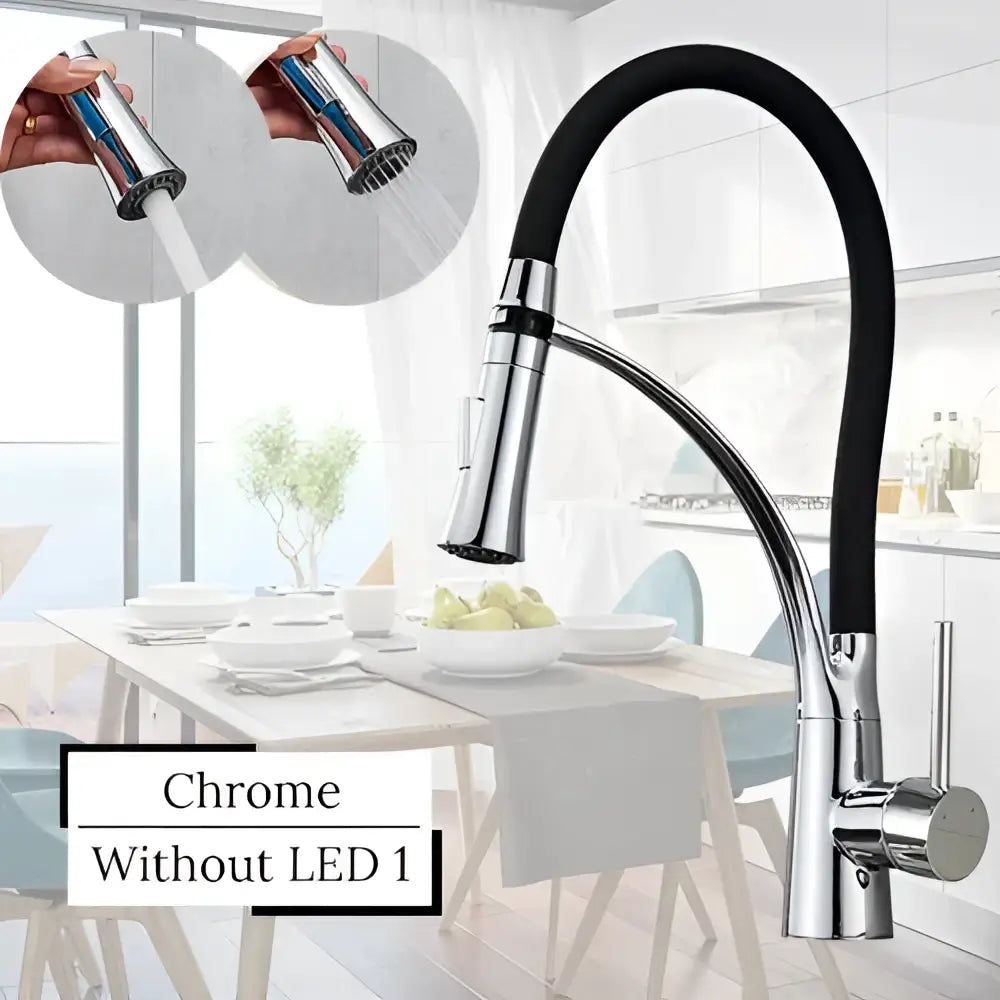 Chrome finished kitchen faucet with black flexible hose and pull down spray head decorbites led swivel pull mixer
