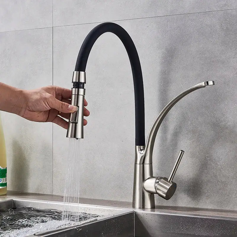 Modern stainless steel kitchen faucet with black flexible hose and led swivel pull featuring hot and cold water mixer by DecorBites LED Swivel