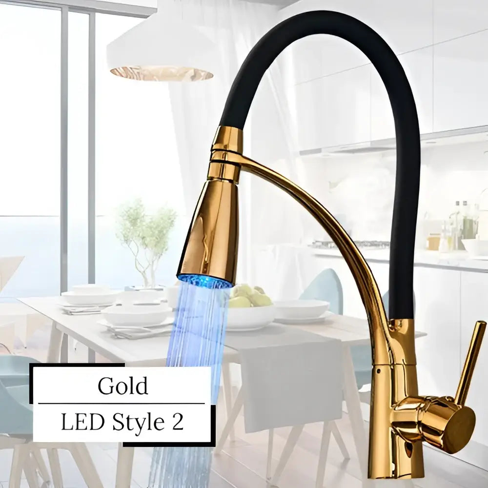 Gold-finished decorbites led swivel kitchen faucet with black flexible hose and blue led lighting for hot and cold water mixer
