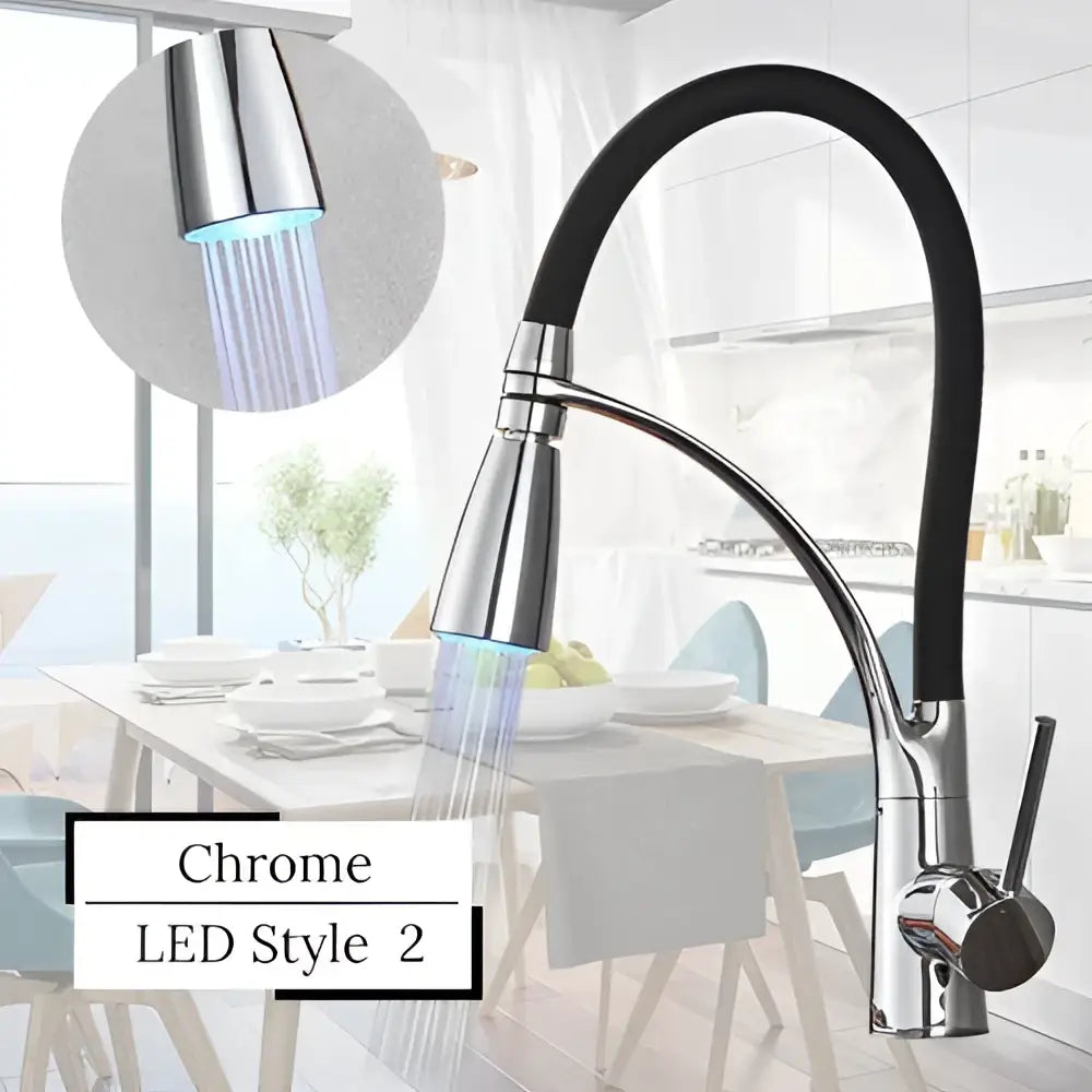 Chrome finished kitchen faucet with black flexible hose and led swivel pull spray head by DecorBites LED swivel