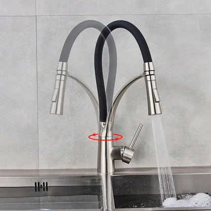 Stainless steel decorbites led swivel kitchen faucet with black flexible hose and led swivel pull down spray head mixer