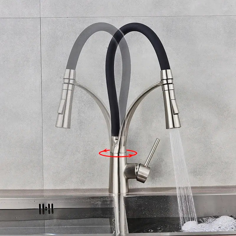 Stainless steel decorbites led swivel kitchen faucet with black flexible hose and led swivel pull down spray head mixer