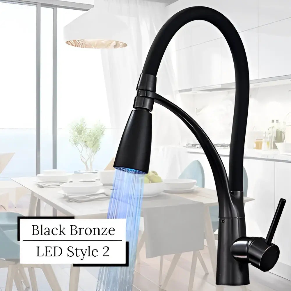 Black bronze decorbites led swivel pull down kitchen faucet with curved spout and illuminated blue water flow